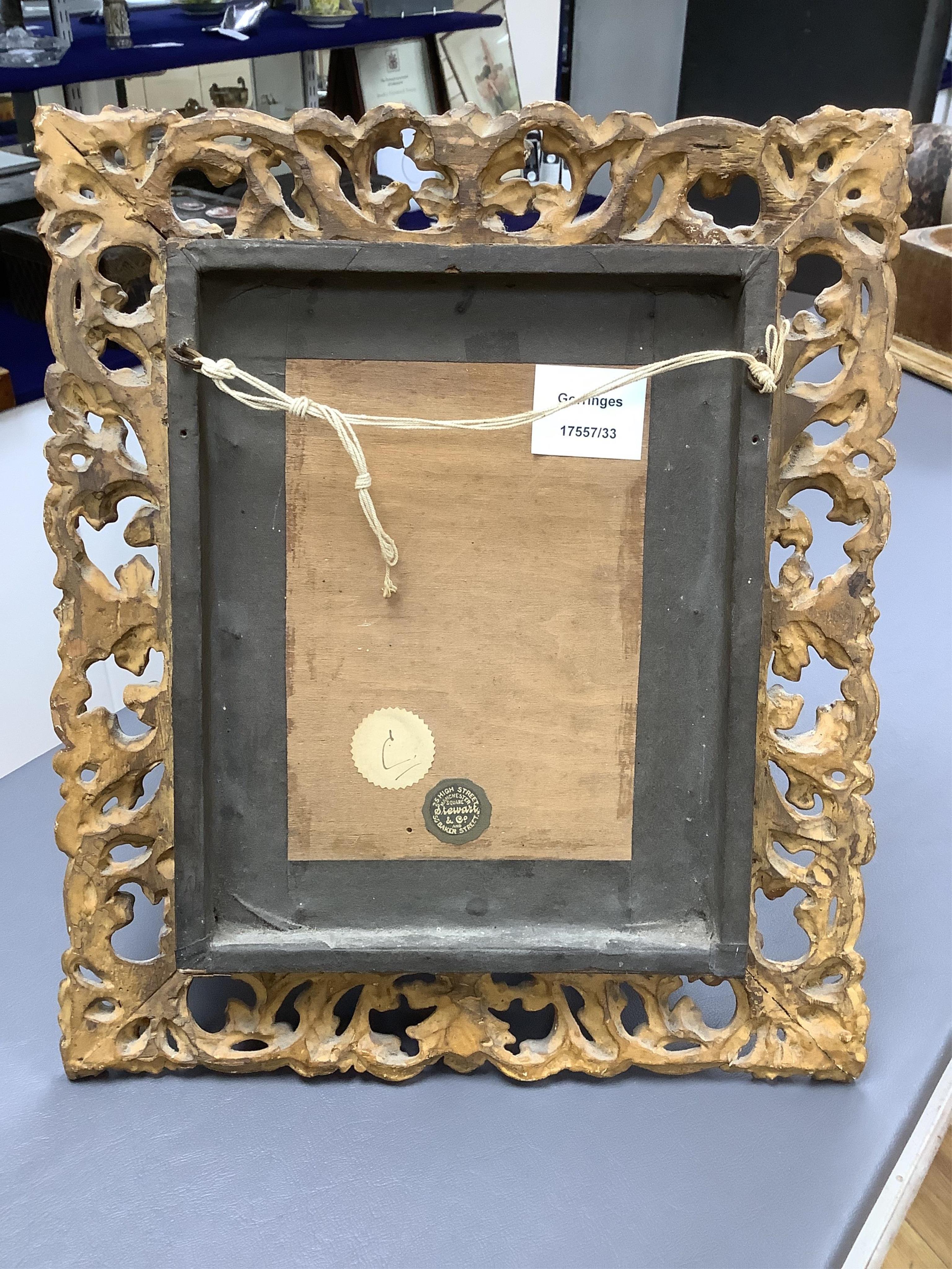 After Francis Wheatley RA (1747-1801), oil on board, ‘The Garden Party’, 22 x 17cm, housed in a giltwood Florentine frame. Condition - fair to good, some damage to the frame